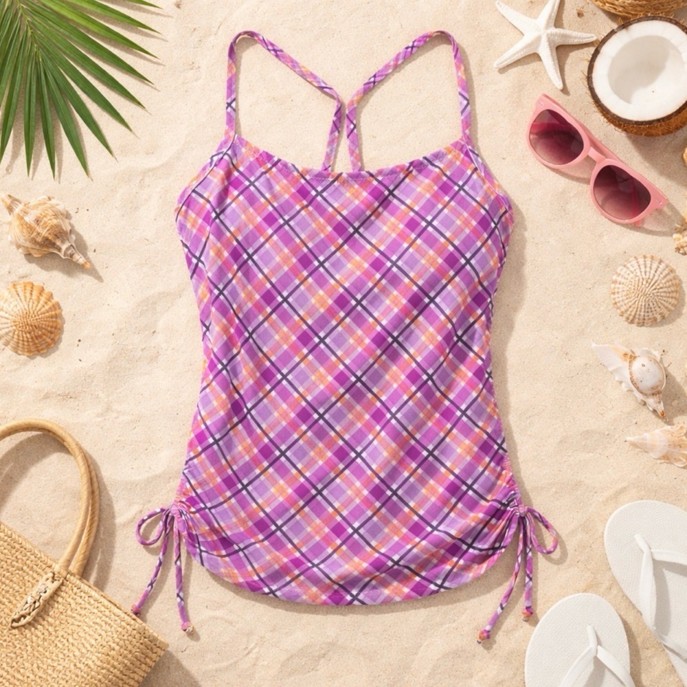 NWT TYR Size 8 Phoenix Iris Pink Plaid Tankini Built in Bra Swimsuit Top Sz 8